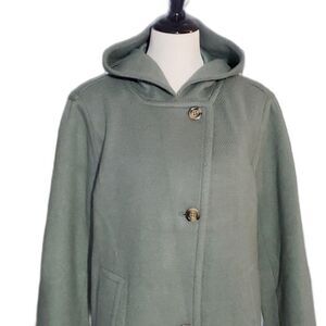 Ann Taylor Gray Green Wool Blend Button Front Hooded Oversized Mid Length Coat